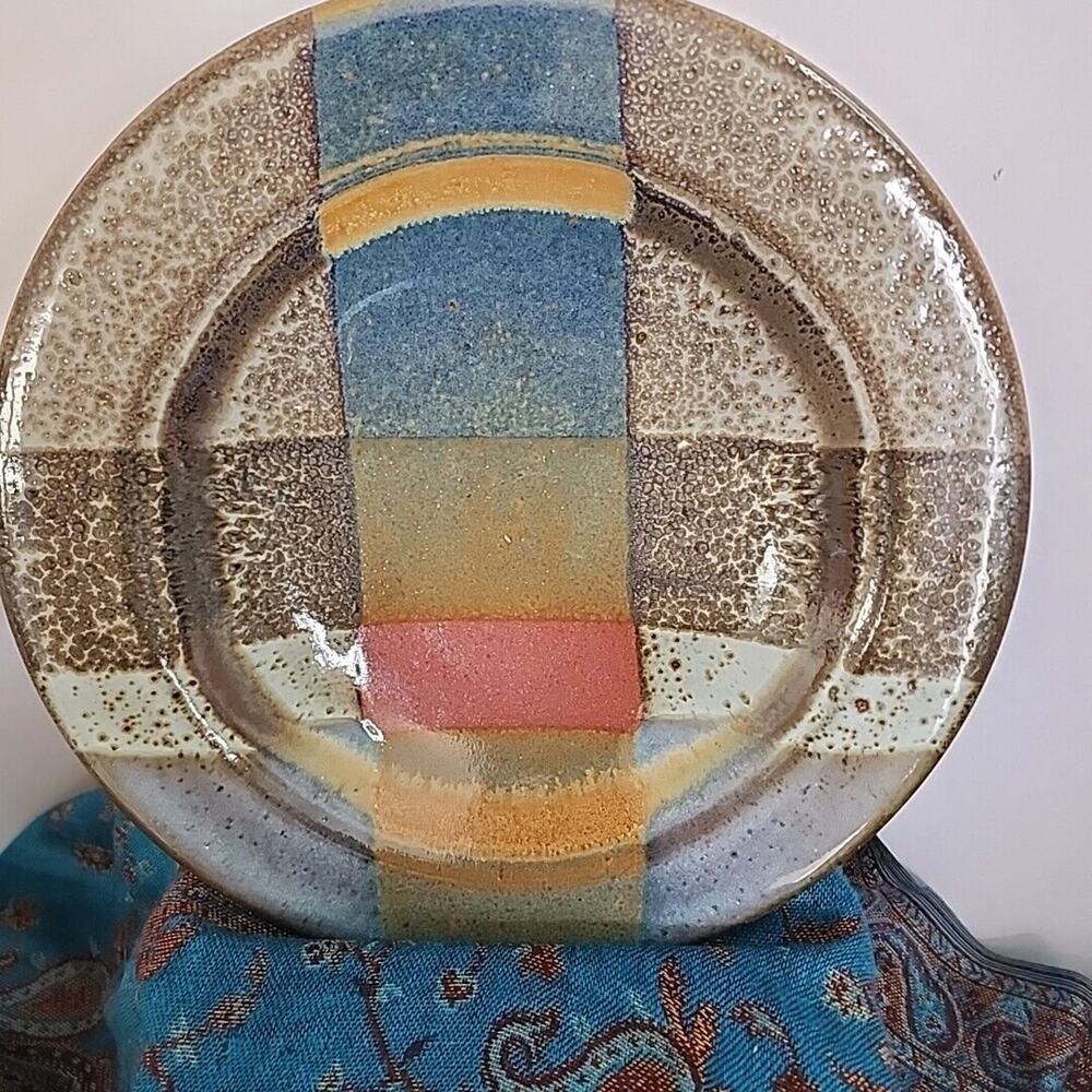 large studio art pottery bowl 11 In Stamped On Bottom Blues Gold Yellow Red Grid